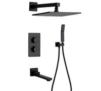 Shower System,Thermostatic Mixing Valve in Square Stainless Steel Rain Shower Matt Black Color with Spout and Shower Head System,Luxury Shower Set,12Inch (8Inch)