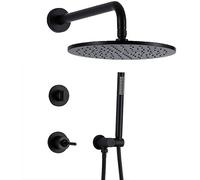 Shower System, Wall Mount Brass Matte Black Concealed Shower Mixer Set with 8-12 inch Brass Top Shower and Handheld Shower, Luxury Shower Set,10 inch
