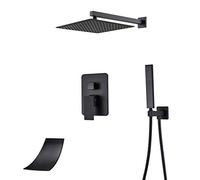 Shower System Wall Mounted Concealed Shower Faucet Set Multifunction Matte Black Shower Combo Set with Shower Head, Handheld Shower, Waterfall Tub Spout,8 inch
