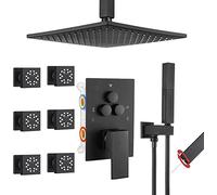 Shower Systems Brass Ceiling Mount Push Button Diverter Shower with 2 in 1 Handheld Luxury Shower Set 10 inch Rain Shower Head with 6 PCS Two Modes Body Jets, Luxury Shower Set,Matte Black