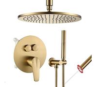 Shower Systems Brass Ceiling Mounted Push Button Diverter Luxury Shower Set with 2 in 1 Handheld, 10 inches Brass Rainfall Shower Head, Luxury Shower Set,Brushed Gold