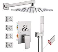Shower Systems Brass Wall Mount Push Button Diverter Shower Set with 2 in 1 Handheld, 10 inch Rain Shower Head with 4 PCS Body Jets Luxury Shower Set,Brushed Nickel