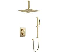 Shower Systems, Ceiling Mounted Thermostatic Brushed Gold Bathroom Rain Mixer Shower Set with 10-12" Square Rainfall Shower Head and Adjustable Height Slide Bar, Luxury Shower Set,