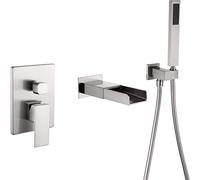 Shower Taps Wall Mounted with Sprayer, Single Handle Tub Filler with Hand Shower, 3 Holes Contemporary Waterfall Tub Taps for Bathroom,Brushed Nickel