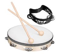 SHOWERORO Tambourin Professionnel 10 Pouces à Main avec 4 Clochettes Noires, 2 Maillets en Bois Naturel, Instrument Percussion Polyvalent pour Adultes et Accompagnement Musical