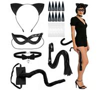 SHOWHEEL 6 Pièces Costume de Chat pour Femme, Oreille de Chat Serre Tete, Queue de chat, Masque Catwoman et Collier, Fouet Long, Déguisement ChaT Femme pour Carnaval Halloween Cosplay Party