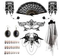 SHOWHEEL Bijoux gothiques Steampunk,7PCS Steampunk Accessoires,avec Ventilateur,Coiffe Halloween,Collier,Bracelet,Boucles d'oreilles,pour halloween,fête à thème,Carnaval,Danseuse De Flamenco