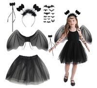 SHOWHEEL Costume de chauve Souris pour enfant,Halloween Costume Chauve Souris,Ailes de chauve-souris + baguette + bandeau de Chauve-souris + tablier + patch de tatouage de chauve-souris (A)