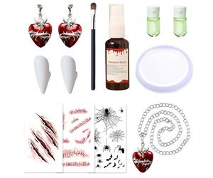 SHOWHEEL Kit de Maquillage Halloween Blanc, Vampire Accessoire Set | Kit avec Dent de Vampire, Faux Sang, Peinture Blanche, Halloween Collier en Forme de cœur, Maquillage Clown VampIre HalLoween
