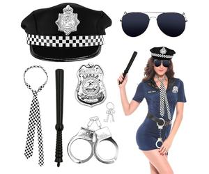 SHOWHEEL Lot de 7 accessoires de costume de police, casquettes de police, menottes, plaque de police, matraque, cravate, lunettes noires et clés, accessoires de déguisement pour carnaval, cosplay