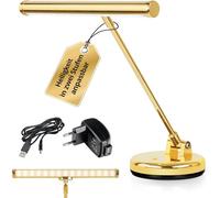 Showlite PL-1-GD-KW Lampe de Piano LED - Lampe de piano avec 15 LEDs - lumière blanc froid en 2 niveaux - hauteur 36 cm - alimentation par USB, secteur ou piles - or brillant