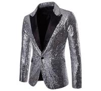 shownicer Blazer à Paillettes Homme à Sequins Dorés Veste de Costume Mode Paillette Blazer Slim Fit Manteau Veste pour Fête Cosplay Disco Party Club A Argenté M