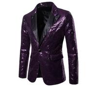 shownicer Blazer à Paillettes Homme à Sequins Dorés Veste de Costume Mode Paillette Blazer Slim Fit Manteau Veste pour Fête Cosplay Disco Party Club A Violet XL