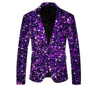shownicer Blazer Veste à Paillettes Imprimé Sequin Homme Manches Longues Blazer Manteau Un Bouton Slim Fit Veste de Costume pour Smoking Soirée Fête Disco Party A Violet XXL