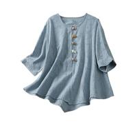 shownicer Chemisier Coton et Lin Manches Courtes pour Femme Blouses Ample Col Rond Tunique D'été Boho Vintage Broderie Top Hauts Lâche Respirant Grande Taille Tunique Blouse H Bleu L