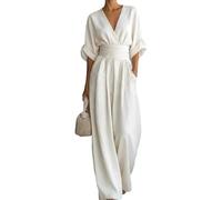 shownicer Combinaison Femme D'Été Manche 3/4 Col V Playsuit Couleur Unie Jambe Large Romper A Blanc S