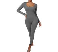 shownicer Combinaison Femme Moulante Côtelé Jumpsuit Manches Longues Combinaison de Yoga Sport Bodysuit Couleur Unie Élastique Jumpsuit Collier en U A Gris Foncé M