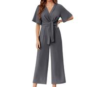 shownicer Combinaison Femmes Manches Courtes Jumpsuit Col V Rompers Décontractées Couleur Unie Playsuit A Gris M