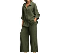 shownicer Ensemble Coton et Lin pour Femme Grande Taille Costume Été Deux Pièces Chemise Col Revers Manches Longues et Pantalon 2 Pièces Set A Vert Militaire 3XL