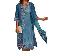 Shownicer Ensemble Deux Pièces Femme d'Été - Robe Mi Longue Imprimé Floral Chic Et Élégant - Casual Tulle Cardigan Maxi Cérémonie Soirée - Bleu 3XL