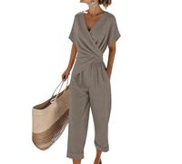 shownicer Ensemble Femme 2 Pièces Chic et Elegant Tenue Manches Courtes Top Et Pantalon Ensembles Ete Décontractée Tenue A Kaki S