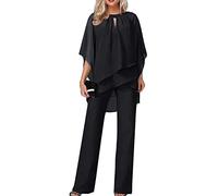 shownicer Ensemble Femme 2 Pièces Pantalons Costume De Soirée Cocktail Bal 3/4 Manches Chemise Et Taille Haute Costume en Tulle Décontracté Tenue Chic Elegant Outfits Suit A Noir XL