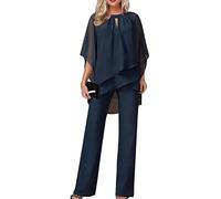 shownicer Ensemble Femme 2 Pièces Pantalons Costume De Soirée Cocktail Bal 3/4 Manches Chemise Et Taille Haute Costume en Tulle Décontracté Tenue Chic Elegant Outfits Suit A Bleu XXL