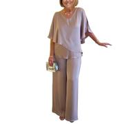 shownicer Ensemble Femme 2 Pièces Pantalons Costume De Soirée Cocktail Bal Manches Longues Chemise Et Taille Haute Pantalons Costume en Satin Grande Taille Chic et Elegant Tenue D Kaki 3XL