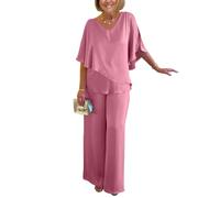 shownicer Ensemble Femme 2 Pièces Pantalons Costume De Soirée Cocktail Bal Manches Longues Chemise Et Taille Haute Pantalons Costume en Satin Grande Taille Chic et Elegant Tenue D Rose Clair XXL