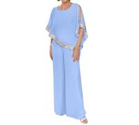 shownicer Ensemble Femme 2 Pièces Pantalons Costume De Soirée Cocktail Bal Manches Longues Chemise Et Taille Haute Pantalons Costume en Mousseline Grande Taille Chic et Elegant Tenue E Bleu Clair 3XL
