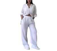 shownicer Ensemble Femme Chic Et Elegant 2 Pièces Tenue Pantalon Et Haut Ensemble en Lin Décontracté Tenue Deux Pièces Outfits Set Couleur Unie Loungewear A Blanc M