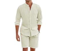shownicer Ensemble Hommes Coton Lin Chemise Et Shorts Ensemble de Survêtement 2 Pièces Chemisier à Manches Courtes Short Décontracté Sportswear A Abricot XL