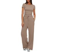shownicer Femme Ensemble 2 Pièces Survêtements Ensembles Lounge Set Manches Courtes Crop Top Et Pantalon Décontracté Set Tenue de Sport Loungewear Suits Sportswear A Kaki M