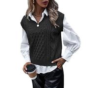 shownicer Femme Gilet en Tricot À Col en V Débardeur Décontracté en Tricot sans Manches Gilet Tricoté Géométrie Couleur Unie Débardeur Décontracté en Tricot Z Noir XXL