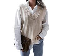 Shownicer Femme Gilet en Tricot À Col en V - Débardeur Décontracté sans Manches - Géométrie Couleur Unie - Pull De Loisirs - Abricot L