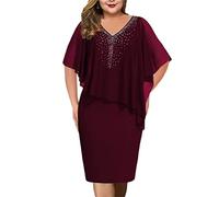Shownicer Femme Grande Taille Robe de Soie Sexy Et élégante Cape en Mousseline Asymétrique à Epaule Dénudée Superposée Plus Size Hanche B Rouge L