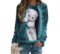 shownicer Femme Pull 3D Chat Imprimé Sweatshirt Manches Longues Col Rond Pullover Décontracté Ample Sweatshirt Casual Sweat Blouse Top A Bleu S