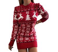 shownicer Femme Pull Robe en Tricot Modèle de Noël Robe Col Rond Elégant Bodycon Dress Casual Tunique Pullover Manches Longues Sweater Mini Robe Automne Hiver B Rouge XS