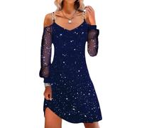 Shownicer Femme Robe De Noël à Imprimé Verre à Vin - Manche Longue, Au Genou, Décontractée - Cocktail B Bleu XXL