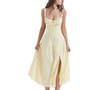 shownicer Femme Robe d'été à Fleurs Corset Fleurs Robe Portefeuille sans Manches Bretelles Spaghetti Slim Fit Robe A-Line Vacances Plage Mariage Robe Boho Robe A Jaune S
