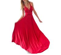 shownicer Femme Robe Longue Multiway A-Line Maxi Robe Col en V sans Manches Robe Elégante Soirée sans Dos Cocktail Robes Demoiselle d'honneur Bal Gala Sexy Chic Bandage Robe au Sol 3 Rouge S