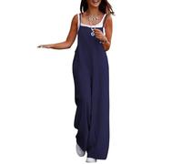 shownicer Femme Salopette Casual Large Ample Pantalon Combinaison Jumpsuit Chic Lin Poches Playsuit Overalls Rompers A Marine L