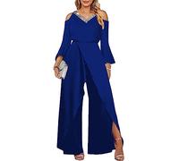 shownicer Femmes Combinaison Chic et Élégant Col Rond Jumpsuit D'été Manches Courtes Couleur Unie Combishort Slim Loose Casual Rompers avec Ceinture H Bleu01 XXL
