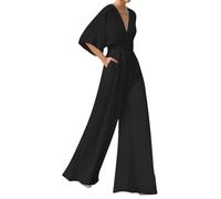 shownicer Femmes Combinaison Manches Courtes Col en V Couleur Unie Jumpsuit Chic Pantalon Large Taille Haute Casual Combishort A Noir XL