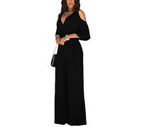 shownicer Femmes Combinaison Manches Courtes Col V Couleur Unie Barboteuse Jumpsuit été Chic Élégant Casual Combishort avec Ceinture Pantalon Loose Fêtes Cocktails A Noir XL