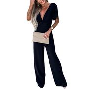 shownicer Femmes Combinaison Manches Courtes Jumpsuit D'Été Chic Élégant Couleur Unie Pantalon Loose Casual Col En V Profond Combishort A Noir L