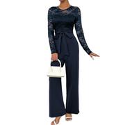 shownicer Femmes Combinaison Manches Longues Barboteuse Jumpsuit Élégant Pantalon Loose Casual Couleur Unie Combishort avec Ceinture A Marine L