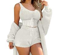 shownicer Femmes Filles Ensemble de Trois Pieces Pyjamas Chaud Polaire Corail Velours Vêtements de Nuit Doux Veste Sweat à Capuche + Débardeur + Pantalons Loungewear Suits Hiver B Blanc M