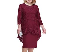 shownicer Femmes Robe en Dentelle De Soie À Manches 3/4 Grande Taille Robes Lâche Elégante Au Genou Robe de Soirée Cérémonie Cocktail Mariage A Rouge 3XL