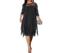 shownicer Femmes Robe en Dentelle De Soie À Manches 3/4 Grande Taille Robes Lâche Elégante Au Genou Robe de Soirée Cérémonie Cocktail Mariage B Noir 4XL
